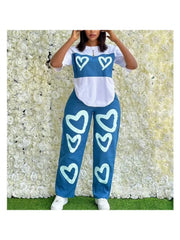 Colorblock Heart Printed Loose Pant Sets