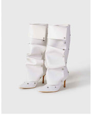 Solid Color Ruched Buckle-loop Boots