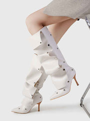 Solid Color Ruched Buckle-loop Boots