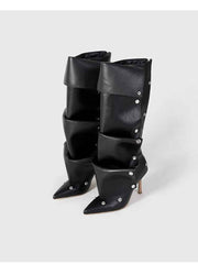 Solid Color Ruched Buckle-loop Boots