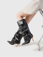 Solid Color Ruched Buckle-loop Boots