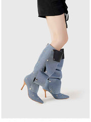 Solid Color Ruched Buckle-loop Boots