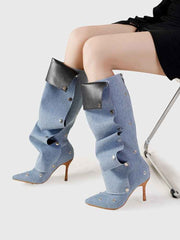 Solid Color Ruched Buckle-loop Boots