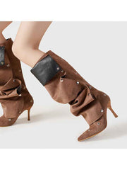 Solid Color Ruched Buckle-loop Boots
