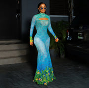 Colorblock Hollow-out Sheer Mermaid Maxi Dress