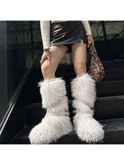 Fluffy Rivet Belt Buckle Fur Snow Boots