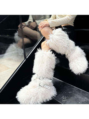 Fluffy Rivet Belt Buckle Fur Snow Boots