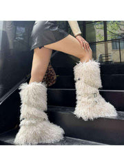 Fluffy Rivet Belt Buckle Fur Snow Boots