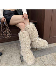 Fluffy Rivet Belt Buckle Fur Snow Boots
