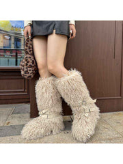Fluffy Rivet Belt Buckle Fur Snow Boots