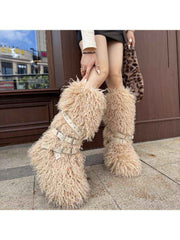 Fluffy Rivet Belt Buckle Fur Snow Boots