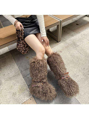 Fluffy Rivet Belt Buckle Fur Snow Boots