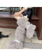 Fluffy Rivet Belt Buckle Fur Snow Boots