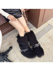 Fluffy Rivet Belt Buckle Fur Snow Boots