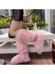 Fluffy Rivet Belt Buckle Fur Snow Boots