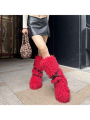 Fluffy Rivet Belt Buckle Fur Snow Boots