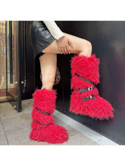 Fluffy Rivet Belt Buckle Fur Snow Boots