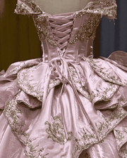 Pink Gold Embroidered Ruffled Ball Gown Quinceañera Dress
