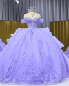 Lavender off-shoulder beaded lace ball gown quinceañera dress with detachable sheer sleeves