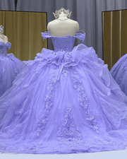 Lavender off-shoulder beaded lace ball gown quinceañera dress with detachable sheer sleeves