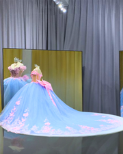 Sky Blue Off-Shoulder Pink Floral Bow Ball Gown Quinceañera Dress