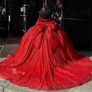 Luxury Red Glitter Off-Shoulder Quinceañera Dress with Bow