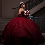 Red Shiny Applique Quinceañera Ball Gown with Beads