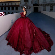 Red Shiny Applique Quinceañera Ball Gown with Beads