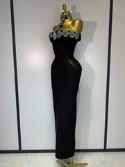 Women Celebrity Sexy Diamonds Crystal Off Shoulder Maxi Long Bodycon Bandage Dress 2025 Elegant Evening Club Party Luxury Dress