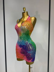 Genevieve colorful diamond halter backless mini dress with sparkling embellishments for birthdays and parties