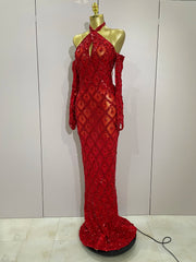 Avery sparkly rhinestones halter mesh long prom dress with gloves for women.