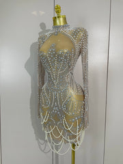 Brenda short mesh dress with pearls and sparkling diamond details for elegant party wear.