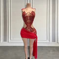 Sexy Sheer Red Beaded Mini Dress with Train