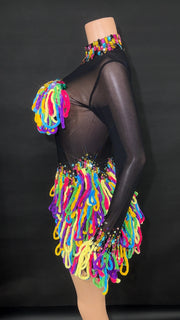 Color sheer mesh mini dress with bright rhinestones for stage or clubwear.