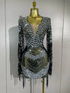 Candice sparkling diamond sequin tassel long sleeve sheer mesh mini dress for women party night out