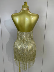 Aaliyah gold diamond mesh see-through tassel bodycon mini dress for night-out glam styling