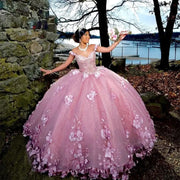 Pink Ball Gown Quinceañera Dress with 3D Flowers