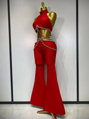 Stand out in the Meghan red rhinestone cut-out bandage pants set. Sexy two-piece outfit for birthdays, parties, clubs, and special occasions.