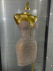 Mea crystal mesh halter off shoulder bodycon mini dress for women. Sparkly party outfit for birthdays and evening events.