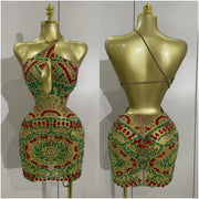 Luxury color rhinestone mesh mini dress with sparkling crystals for birthday, DJ, or club wear.