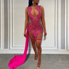 Sparkly Hot Pink Diamond Short Prom Dress with Side Train