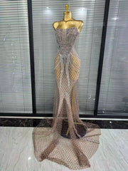 Meisha silver rhinestone strapless mesh mermaid gown for women. Elegant floor-length dress for parties, birthdays, and events.