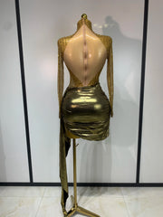 Yen long sleeve sheer mesh mini dress featuring sparkling rhinestone embellishments for a glamorous party look