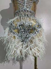 Shine in the Lasha luxury rhinestone feather mesh patchwork mini dress. Elegant party dress for birthdays, cocktails, and special occasions.