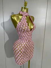 Bridgette pink floral sequin mesh mini dress featuring a sexy halter neckline and sheer party dress design