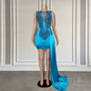 Elegant Blue Diamond Luxury Rhinestones  with Side Train Birthday Dress