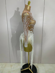 Miley sparkly rhinestone pearl sequin tassel sexy transparent dress for women party