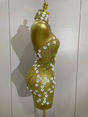 cLARICE sparkly rhinestones white flower see-through mini dress for women, sexy birthday party outfit, photoshoot gown, stage performance costume 2025