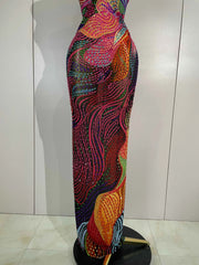 Sexy Colorful Rhinestone Print Long Dress Woman Halter Deep V Neck Backless 2026 Women Birthday Eveing Party Club Stage Costume