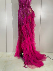 Gabrielle rhinestone fringe backless sheer maxi dress with sparkling crystals and elegant see-through design.